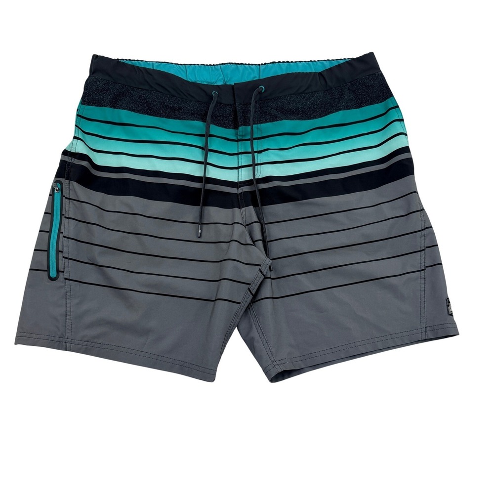 ZeroXposur Board Shorts Gray Teal Striped Swim Trunks Zipper Pocket Mens XXL